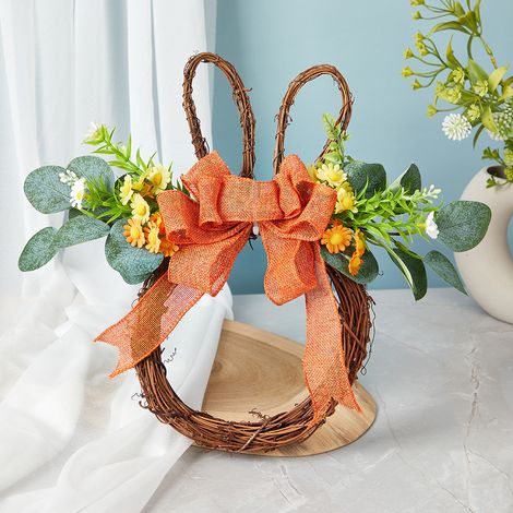 KOWOLL Couronne de Pâques printanière, couronne de porte en forme de lapin Couronne de Pâques décorative ornée d'un œuf et d'un nœud pour murs et portes (1/4)