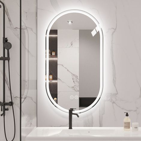 Miroir Salle de Bain Ovale 60x90cm Tactile Antibuée LED Sans Cadre Mural