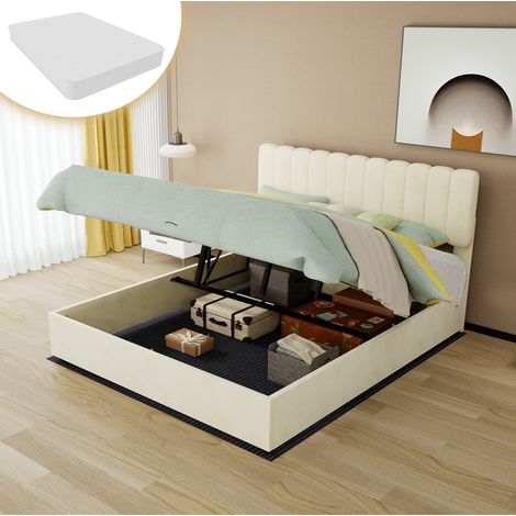 Cama tapizada moderna de tela beige 160x200 cm con cabecero alto, estructura metálica y colchón incluido (1/5)