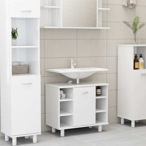 Vidaxl – Armoire murale de salle de bain 60x32x53,5 cm – 1 porte – 7 compartiments – Aggloméré blanc brillant – Fixation murale incluse (1/6)