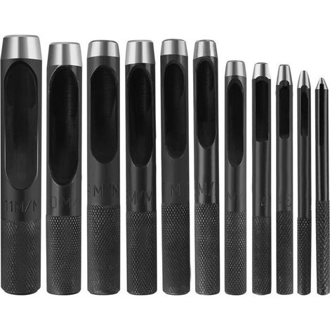 Set di punzoni cavi per cuoio, 11 pezzi, punzoni rotondi in acciaio legato al cromo vanadio per lavori in pelle, punzoni da 1 a 11 mm per cuoio, cinturini per orologi e tela.