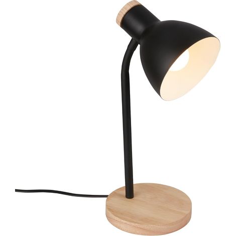 Lampe à poser polyvalente en métal noir et bois, compatible ampoule E14, interrupteur câblé, design compact pour bureau, chambre et salon (1/4)