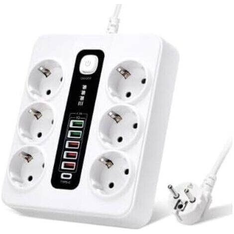 Multiprise 6 Compartiments avec USB, Multiprise 12 en 1 avec 5 USB-A & 1 USB-C, avec Interrupteur, Câble D'extension 2M, 3000W, Multiprise pour Bureau, Maison (1/5)
