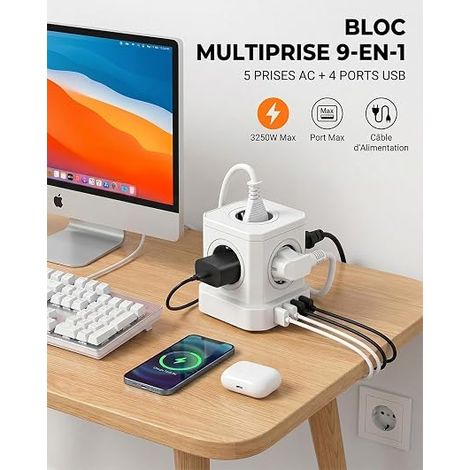 Cube Power Strip 2 m Extension Cord 9 in 1 Power Strip 5 Sockets 13 A 3250 W Surge Protection Multiple Socket Office Home PC TV Phone White (1/4)
