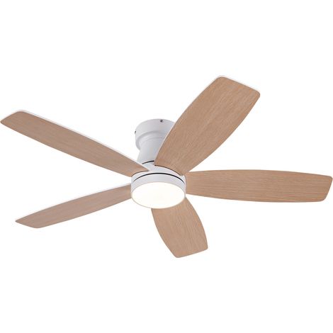 Ventilatore da soffitto con luce LED integrata, 5 pale reversibili bianco e legno chiaro, telecomando, 6 velocità, luce 3 tonalità, motore DC CHICFURN (1/5)
