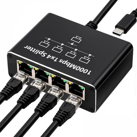 Switch Ethernet 1 à 4 1000Mbps, Multiprise RJ45 Répartiteur Ethernet Gigabit Network Splitter Hub RJ45 pour Ordinateurs Routeurs Décodeurs TV (1/5)