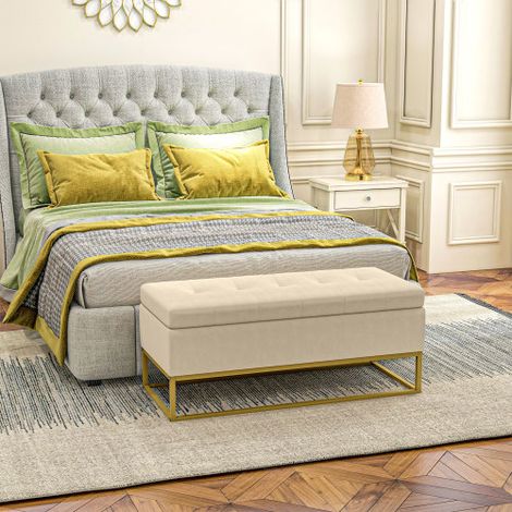 Banc de lit de rangement au fini velours beige avec couvercle à charnières et pieds en acier, élégant et pratique pour entrée et salon (1/3)