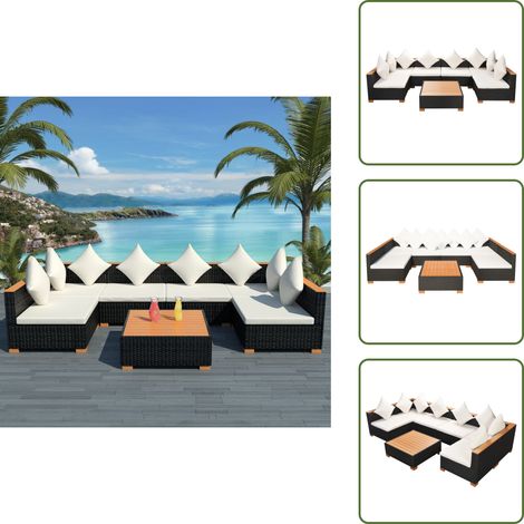 The Living Store Salon de jardin 7 pcs avec coussins Résine tressée Noir - Canapé en rotin