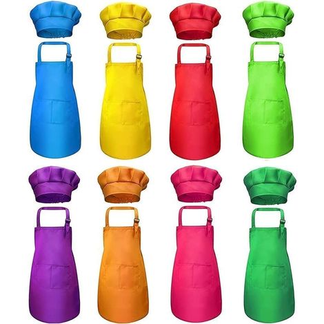 Lot de 8 Tablier Enfant avec Toque, Tabliers de Cuisine Colorés Réglables avec Poches pour Fille et Garçon – Pour la Cuisine, la Pâtisserie, la Peinture (1/5)