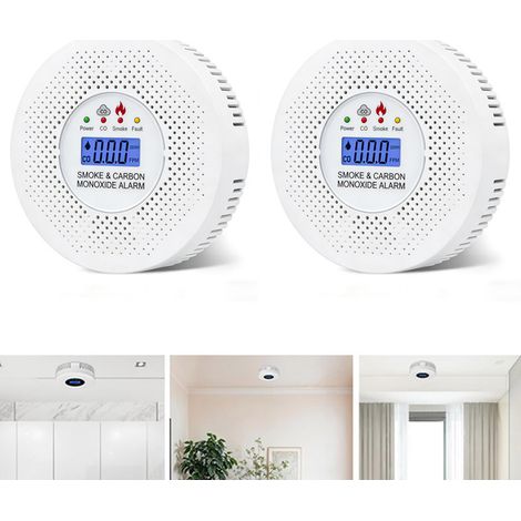 2 détecteurs de fumée, alarme incendie et monoxyde de carbone 2 en 1, installation sans fil (piles non incluses) (1/5)