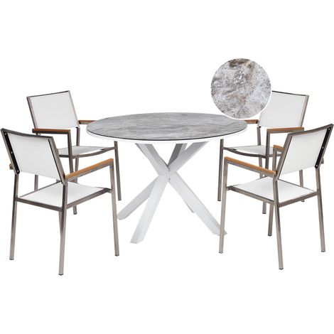 Conjunto de jardín 4 plazas muebles de exterior de aluminio acero inoxidable efecto mármol tablero de vidrio cerámico blanco Maletto/Grosseto