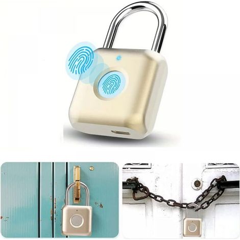 Cadenas à double empreinte digitale, cadenas intelligent, serrure à reconnaissance d'empreintes digitales, étanche, chargement USB, doré (1/5)