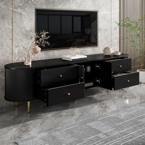 REDOM - Meuble TV - 180x40x38 cm - rangement avec tiroirs et double porte - passe câbles - MDF - noir (1/5)
