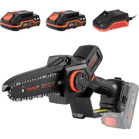 Mini motosierra a batería Dnipro-M DMS-201BC 20V, espada de 16cm, motor sin escobillas, 2 baterías de 2Ah y cargador (1/5)