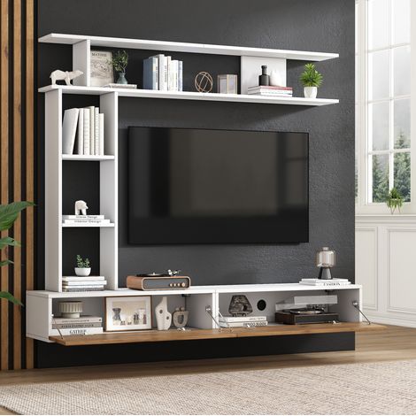 TV Wohnwand Set (180x35x22.5 cm), hängend oder stehend, mit Klapptüren, Spanplatte, Weiß und Holzfarbe (1/5)