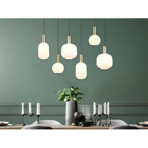 Retro LED Pendelleuchte 6-flammig mit Glasschirmen in Weiß, Breite 92cm (1/5)