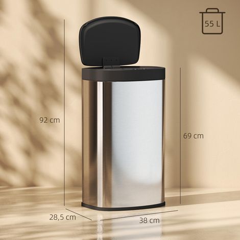 Poubelle cuisine automatique 55L en acier inoxydable, poubelle à couvercle à fermeture en douceur, 38x28,5x69cm, argent (1/5)