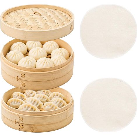 Ø 24CM Cuiseur Vapeur en Bambou à 2 Étages pour Sim Sum Dumplings (1/5)
