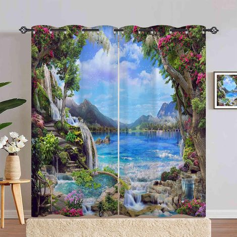 Rideau Occultant Nature Paysage Jardin Cascade Lac Rideau Thermique Isolant Draperies Intérieurs Tenture Opaque à Oeillets pour Maison Chambre Salon Fenetre 2 Pièces L 140 x H 240 cm - 140L X 240H cm  (1/5)