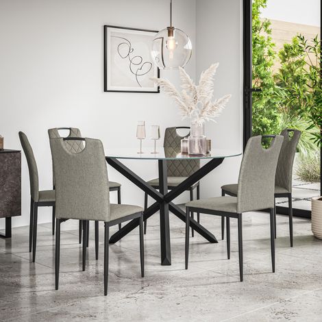 Malvern Round Dining Table And Chairs - Clear Glass Table Top w Solid Oak Black Legs + Monza Fabric Dining Chair Set Of 6 (Grey) (1/5)