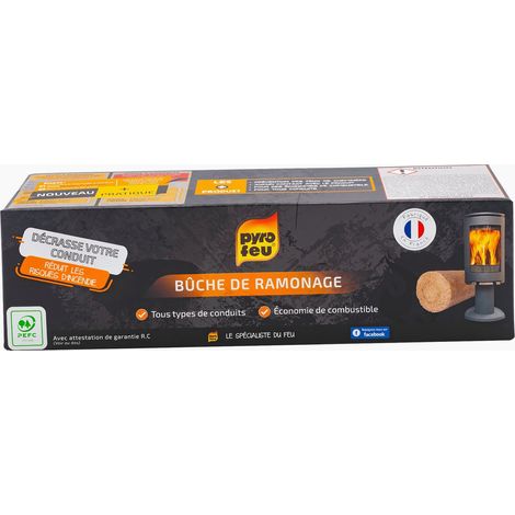 Pyrofeu – Bûche de ramonage 1,1kg – Compatible tous conduits – Réduit dépôts créosote – Fabrication française à base de bois durable