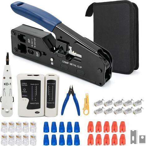 Kit professionale per crimpatura RJ45, connettori passanti Cat7/Cat6a  Strumento professionale per crimpatura con tester, spelafili e connettori. Robusto e durevole per uso domestico e in ufficio. (1/5)