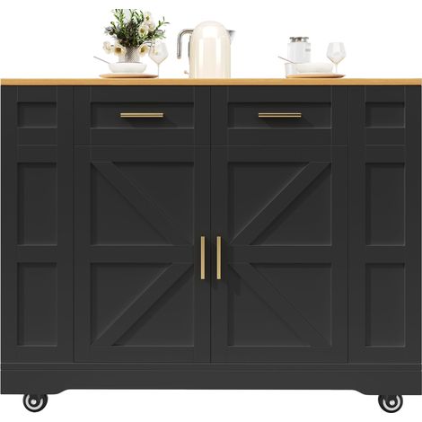 Îlot de cuisine moderne, meuble de cuisine et buffet, desserte effet bois, table à manger multifonction avec espace de rangement et modules extensibles, noir