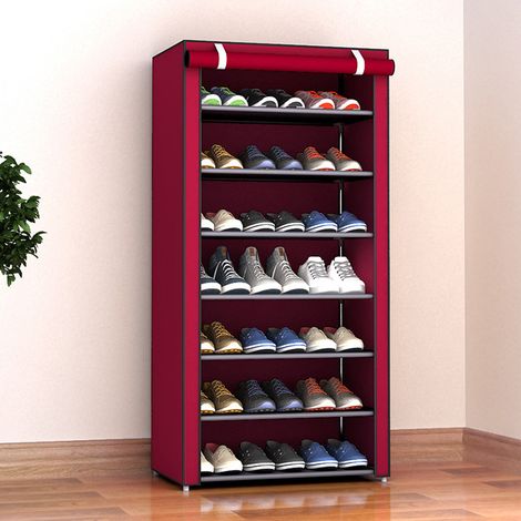 LEDANDER Étagère à chaussures à 7 niveaux, haut et étroit, en métal avec couvercle anti-poussière, 60 x 30 x 123 cm, meuble de rangement vertical pour entrée de placard, rouge