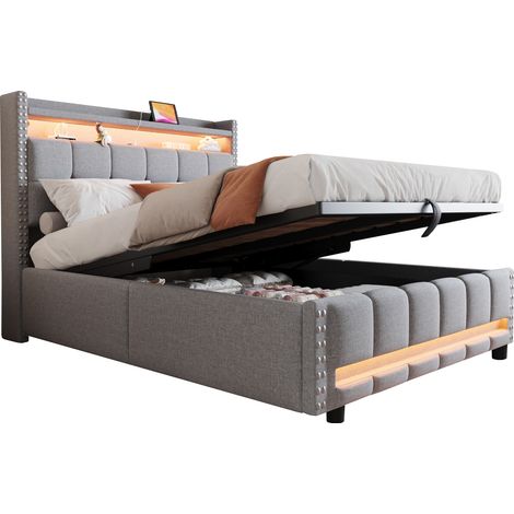 Lit coffre 140x200 cm tissu lin rembourré gris clair avec LED, USB, tête de lit avec étagères, sommier à lattes (1/5)