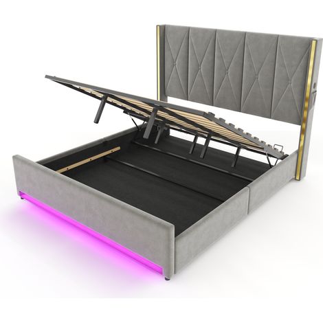 Letto matrimoniale in velluto grigio scuro 180x200 cm con testiera alta, USB, LED e contenitore (1/5)