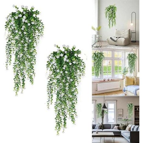 Piante artificiali pendenti, 2 pezzi, fiori artificiali bianchi, decorazione a edera artificiale, per pareti interne ed esterne