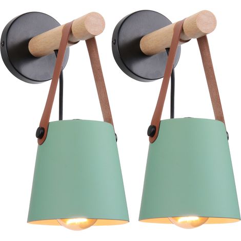 Lot de 2 Applique murale en bois naturel abat-jour suspendu ceinture e27 douille luminaire pour couloir chambre à coucher salon, vert (sans ampoule) (1/5)