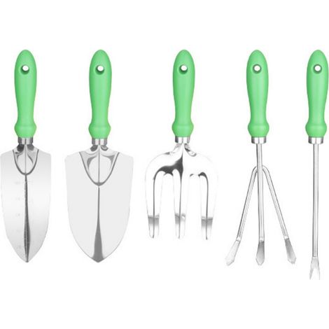Kit 5 Outils Jardin Inox – Pelle, Rateau, Binette, Transplanter (1/3)
