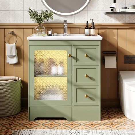 Meuble rangement vasque 80 cm vert salle de bain OKMYHOME (1/5)