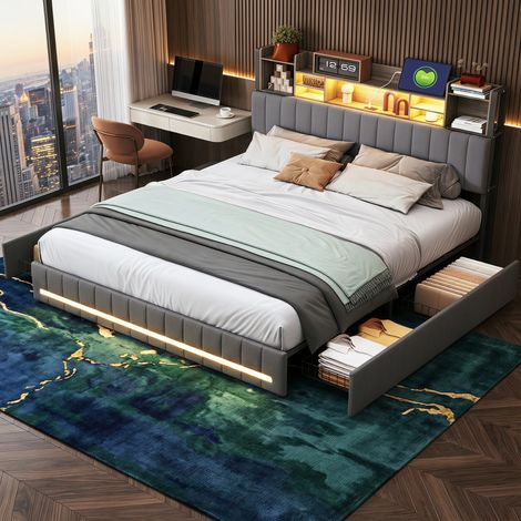 Lit coffre 160x200 cm avec 4 tiroirs，sommier à lattes，tête de lit avec rangement & portes，led rgb，ports usb et type-c，lin，gris foncé (1/5)