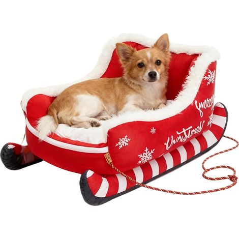 Lits traîneau de Noël pour chiens et chats, lit traîneau pour animal de thème Noël, nid isolé festif pour les nuits froides d'hiver, pour chatons et chiots, apaisant pour le repos intérieur, taille S (1/4)