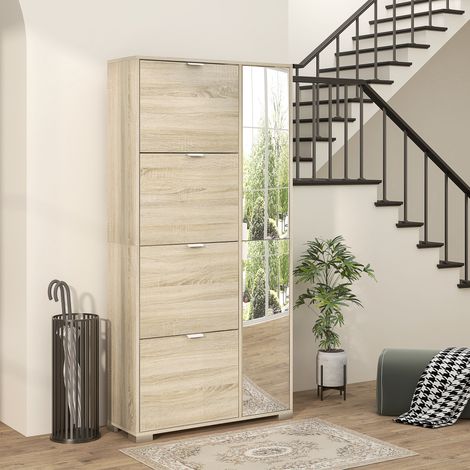 Schuhschrank mit Spiegel für 16 Paar Schuhe, 4 Klappschubladen und 2 Schränke mit verstellbarem Einlegeboden, 82 x 30 x 168 cm, Eiche