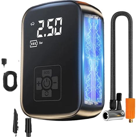 Compresor de aire portátil, inflador de neumáticos, luz LED, inalámbrico, funciona con pilas. (1/2)