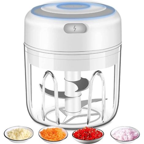 Elektrischer Zerkleinerer, Knoblauch, Zwiebelschneider, Obst, Fleisch, Multizerkleinerer mit USB-Aufladung, 250 ml, Weiß (1/4)