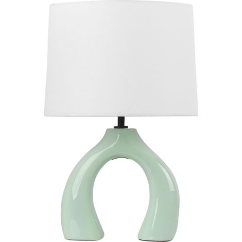 Lámpara de cerámica de sobremesa con pantalla de tambor de lino base minimalista verde claro Abbie
