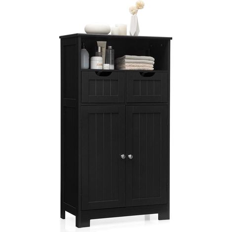 COSTWAY Meuble de Rangement de Salle de Bain Commode Blanche de Toilette/Chambre avec 2 Tiroirs et 2 Portes, Double Zones de Rangement Armoire pour Salle à Manger, Entrée, Salon 60 x 30 x 109 CM Noir (1/5)