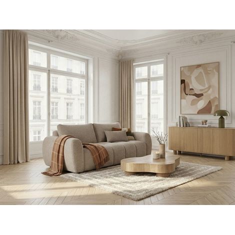 BOBOCHIC - Canapé droit convertible ouverture express 3 places FUJI tissu bouclette   Beige