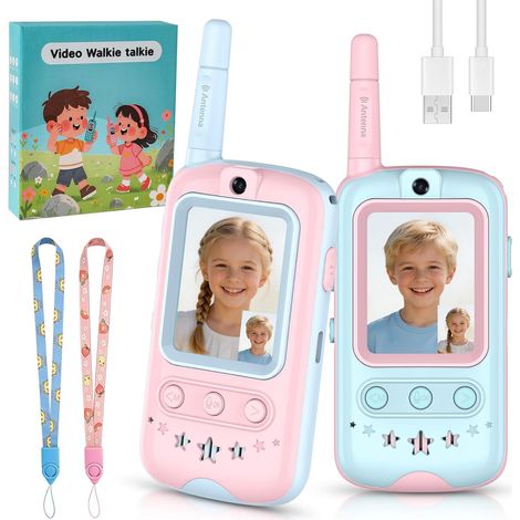 Talkie-Walkie Vidéo Enfant - 2 Unités - Rechargeable - Chat Vidéo et SMS - Jeux Intégrés - Rose et Bleu (1/5)