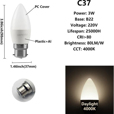 (C37 3W B22 4000K, 220V) 8 ampoules LED, pour l'éclairage et la décoration de la maison. (1/3)