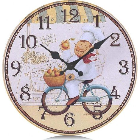 Küchenwanduhr 30 cm, gelbes Holz, geräuschloses Quarzpendel, rustikales Kochmodell, Esszimmer