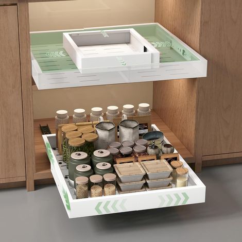 Set of 2 Sliding Kitchen Drawers, Extendable on 4 Sides, Sliding Shelf Cupboard, Telescopic Drawers, 30-49.5 cm Width, 41.5-55 cm Depth, Self Adhesive or Screw Attachment, White (1/5)