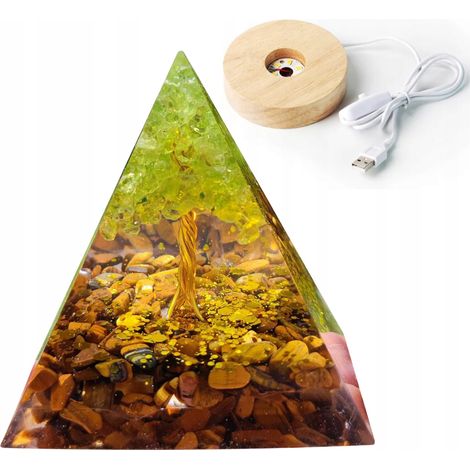 Piramide in orgonite + base per lampada a LED 5 cm pietre di cristallo amuleto 5 cm HX02