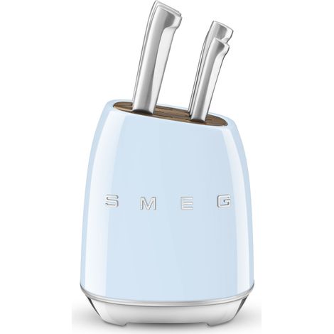 Smeg – Bloc de 6 couteaux en acier inoxydable – Couteau chef 19 cm, couteau à pain 19 cm, couteau à viande 15 cm – Design vintage années 50 – Bleu azur