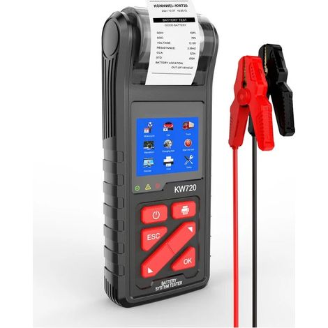 KW720 Testeur de batterie de voiture avec imprimante intégrée 6V 12V 24V Testeur de charge de batterie Démarrage et système de charge Test Scan Tool pour voiture moto camion (Noir) (1/5)
