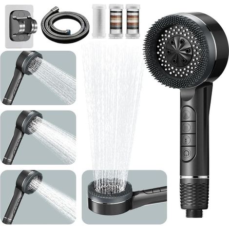 Pommeau de Douche Haute Pression, Pommeau Douche Economie Deau 4 Types de Jets Pommeau de Douche Anti Calcaire avec Tuyau Douche 1.5M et Support de Douche, avec Bouton D'arrêt D'eau, Gris (1/5)